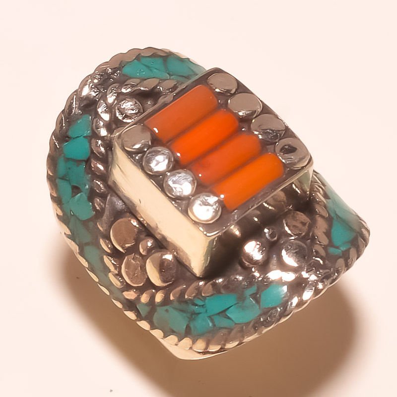 TURQUOISE WITH RED CORA .925 SILVER RING (1 of 2)