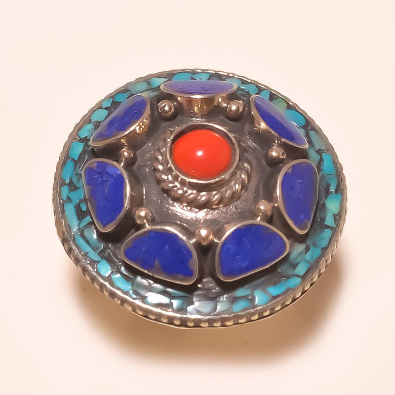 RED CORAL WITH TURQUOISE & LAPIS LAZULI BEAUTIFUL .925 (1 of 1)