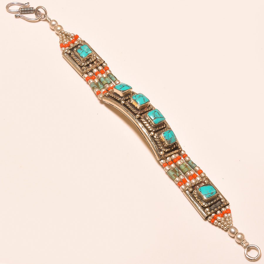 RED CORAL & TURQUOISE .925 SILVER Bracelet (1 of 1)