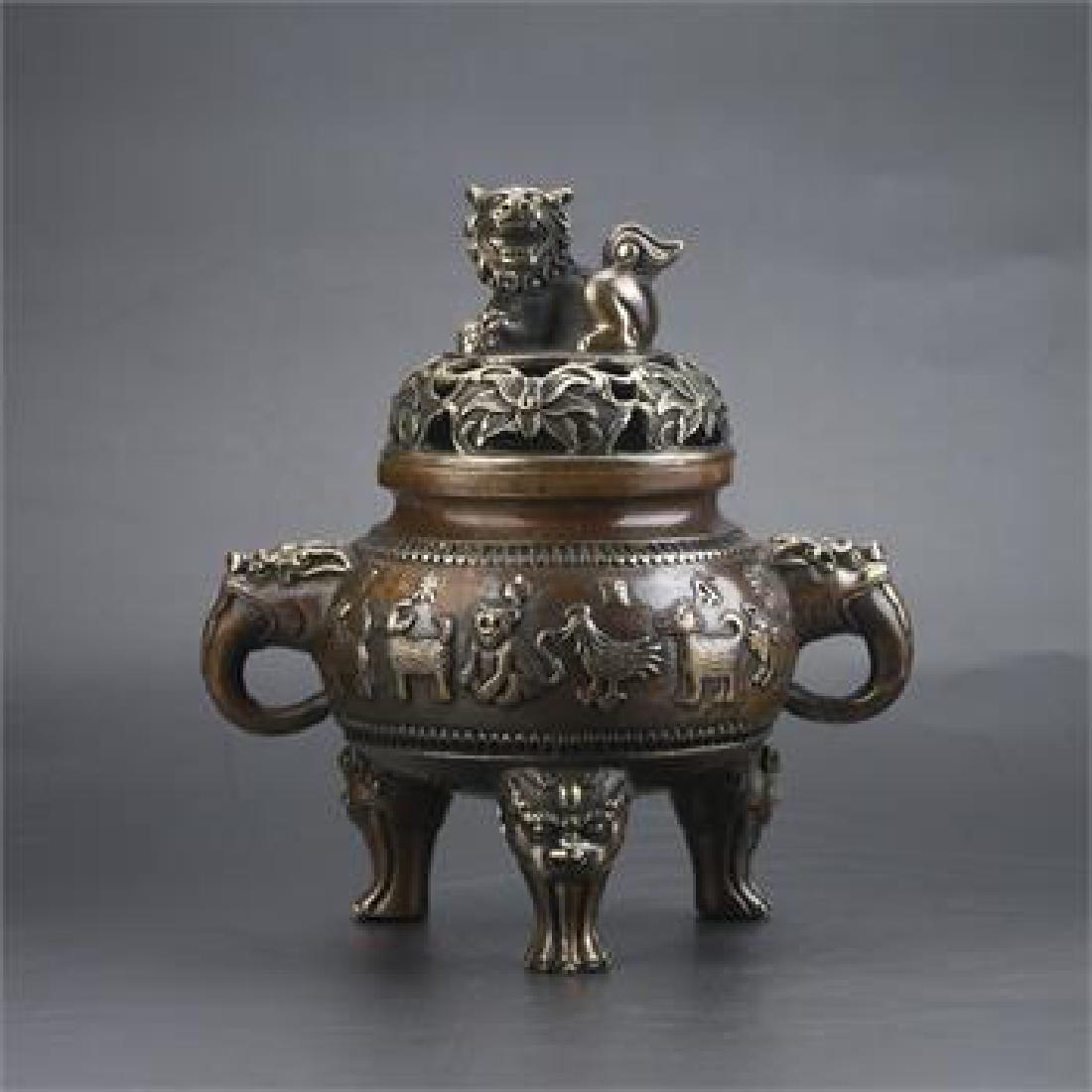 Chinese Ancient Bronze Hand-Carved Chinese Incense: Chinese Ancient Bronze Hand-Carved Chinese Zodiac Incense Burner W Qianlong Mark. ApproxSize:6"1/2 x 7" H- Wt: 1.10 lbs