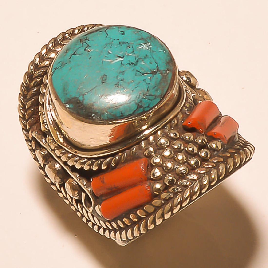 RED CORAL & TURQUOISE NICE .925 - Size -10 (1 of 1)