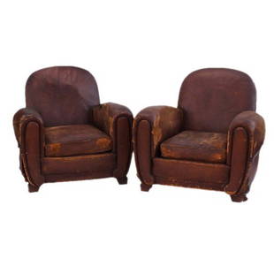 Pair of French Art Deco leather club chairs: H34 w34 Depth 38