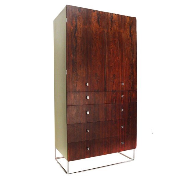 Rogier Rosewood Dresser/Drybar: ROUGIER Rosewood Dresser Cabinet. Milo Baughman style. Two large doors over five drawers. Chrome square pulls and legs. Painted light green side panels. Marked Rogier. Dimensions: H: 64 inches: W: 32
