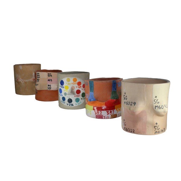 Boobie Pots by Isaac Nichols: Five (5) total. Assortment of colors and design. Four (4) are medium sized. One (1) large. Dimensions for medium pots H: 4 1/2" W: 5" D" 5" Large pot H: 5 1/2" W: 5 1/4" D: 5 1/4". Item is a consignme