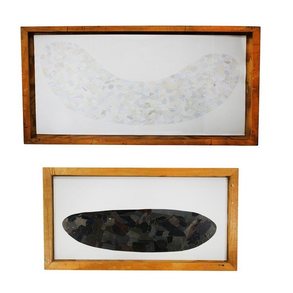 Collages by Isaac Nichols: Mixed white paper collaged into a sausage shape. Mounted and framed by the artist. Dimensions H: 38 1/2" W: 55 1/2" D: 2 3/4" Mixed glossy paper collage of an oval (poop) shape. Mounted and framed by 