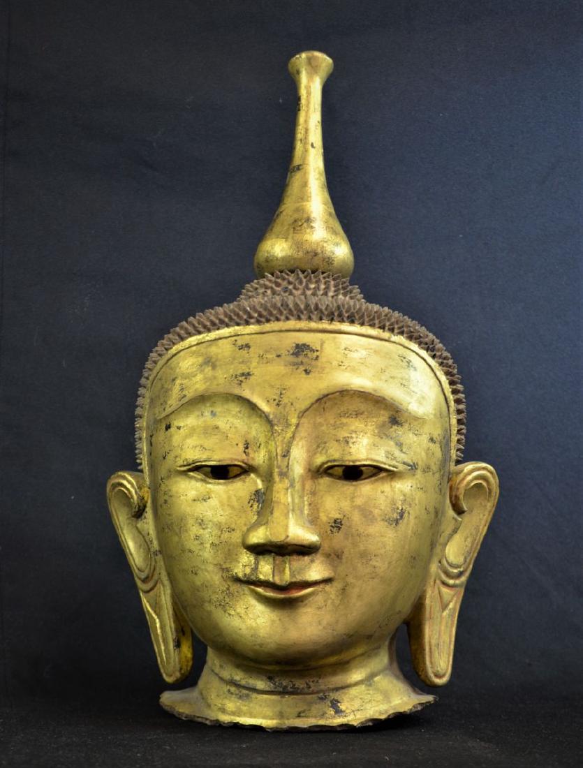 Tête de Bouddha Shan. Doré à la feuille d’or. Hauteur: (1 of 2)