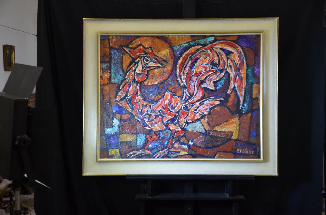 Oil on pavatex The red cock, signed A. Thölke. 75 x: Oil on pavatex The red cock, signed A. Thölke. 75 x 95cm. Deutsch: Öl auf Platte Der rote Hahn, signiert A. Thölke. 75 x 95cm.