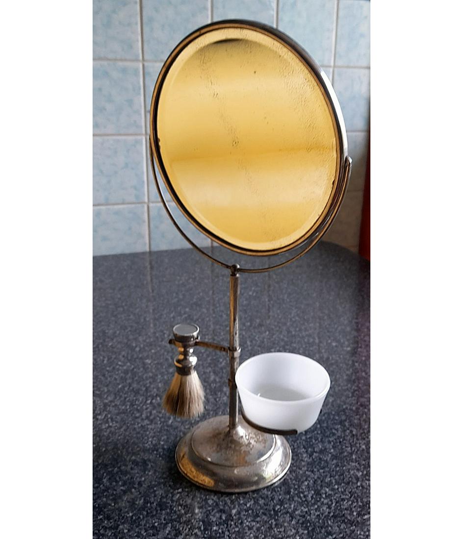 1920's double sided Shaving Mirror: A vintage 1920's 15 inch high double sided shaving mirror and stand with the old handle brush, Acme milk glass shaving soap cup, holder for a glass with both regular and magnified glass beveled mirror