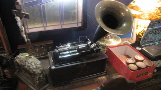 Edison Home Phonograph with original horn: Nice Edison Home Phonograph with original horn, 2 Minute reproducer and 5 good wax cylinders. In good working order. CH