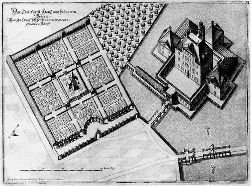 Oranienburg (Merian): Churfürstl. Haus & Garten: Oranienburg. Das Churfürstl. Hauß und Lustgarten Bötzau ... nunmehr genant Oranien Burgk. Draufsicht. Kupferstich. 23,6 x 31,8 cm. Aus Merians Topographie von Brandenburg und Pommern. Um 1655. Sch�