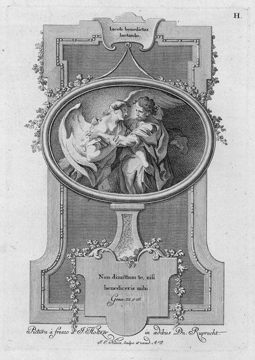 Nilson, Johann Esaias: Jacob ringt mit dem Engel: Jacob ringt mit dem Engel; Elias und der Engel ... 2 Kupferstiche, nach Johann Evangelist Holzer. Je ca 25,5 x 18 cm. Um 1765. Schuster 8, 9. Zwei Gegenstücke aus der Kupferstichfolge nach Fresken Jo