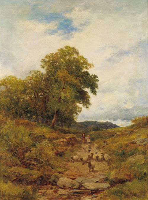 Bates, David: "A Mountain Roadway": "A Mountain Roadway" (Englische Landschaft mit Sandweg und einer Schafherde). Öl auf Leinwand. 61 x 45,5 cm. Unten rechts signiert "David Bates", sowie verso ein weiteres Mal sign