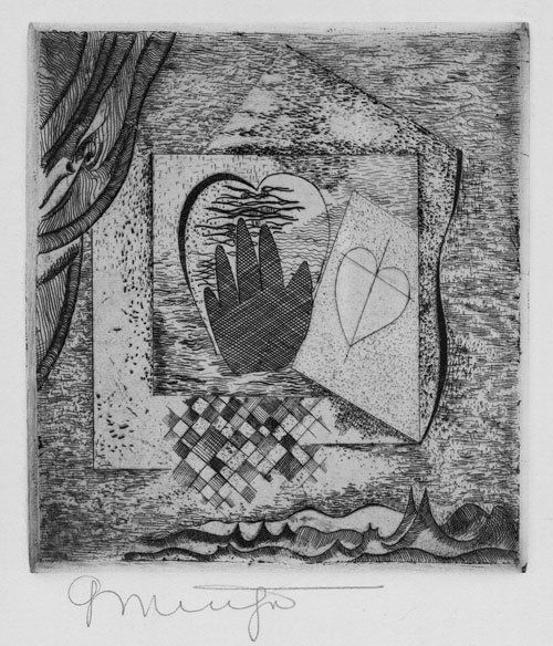 Muche, Georg: Hand-Herz: Hand-Herz. Radierung mit Kaltnadel auf kräftigem Kupferdruckpapier. 15 x 13,5 cm (Plattenrand); 29,9 x 20 cm (Blattgrösse). Signiert. (1921). Auflage 110 Ex. Schiller 13. Mit dem Trockenstempel des