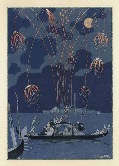 Verlaine, Paul: Fêtes galantes: Barbier, George. - Verlaine, Paul. Fêtes galantes. 100 S., 2 Bl. Mit farbigem Titel und 20 Farbtafeln, teils mit Silber und Gold gehöht, nach Aquarellen von George Barbier. 30,5 x 23,5 cm. Unbeschni