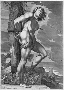 Giovannini, Giacomo Maria: Hl. Sebastian: Das Martyrium des hl. Sebastian. Radierung und Grabstichel nach Lodovico Carracci. 31,8 x 22,3 cm. B. 7. Ausgezeichneter, gleichmäßiger und präziser Druck mit feinem Rändchen um die Einfassungslin