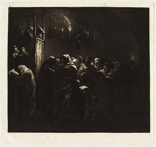 Fischer, Joseph: In der Judenschule: In der Judenschule - Jüdische Gelehrte beim Studium der Tora. Aquatintaradierung in Dunkelbraun auf Velin. 24,8 x 26,2 cm. Aus Le Blanc 83-92. Seit 1783 studierte Joseph Fischer Malerei und Graphik a