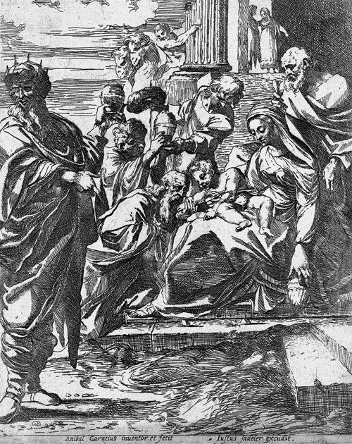 Brizio, Francesco: Die Anbetung der Könige: Die Anbetung der Könige. Radierung. 22,9 x 18,1 cm. Justus Sadeler excudit. TIB (Commentary) . 046 S3 (von S4), B. (Annibale Carracci, abgeschrieben) 1, TIB (Carracci, Commentary, rejected works) .02