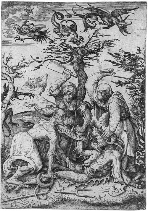 Hopfer, Daniel: Drei alte Weiber verprügeln den T: Drei alte Weiber verprügeln den Teufel. Eisenradierung. 22,6 x 15,7 cm. B. 71, Hollstein 80 II. Ausgezeichneter Druck auf die Plattenkante beschnitten. Montierungsreste verso, leicht gebräunt und fl