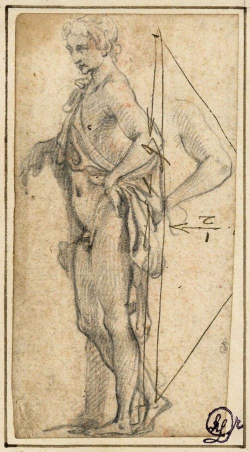 Florentinisch, 17. Jh.: Vision eines Heiligen: 17. Jh. Vision eines Heiligen. Kohle. 19,4 x 18,8 cm. Wz. Sonne (Fragment). Mit einer Zuschreibung an Ciaminghi unten rechts. Aus der Sammlung Herbert List, mit dessen Trockenstempel (nicht bei Lugt).