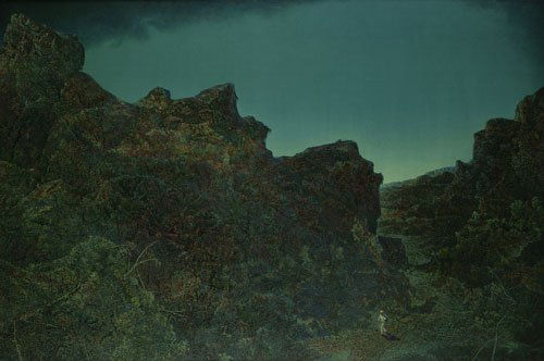 Bluth, Manfred: Nächtliche Landschaft mit Wandere: Nächtliche Landschaft mit Wanderer (Vincenz auf dem Weg nach Lestaque). Öl auf Leinwand. 67 x 102 cm. Unten links signiert und datiert, sowie verso auf dem Keilrahmen mit Bleistift erneut signiert,