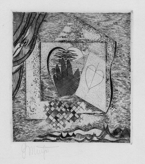 Muche, Georg: Ohne Titel (Hand auf Herz): Hand-Herz. Radierung auf Kupferdruckkarton. 14,9 x 13,5 cm (Plattenrand); 29,9 x 19,9 cm (Blattgröße). Signiert. Auflage 100 Ex. (1921). Schiller 13, Söhn HdO 101-10. Blatt 10 der ersten Bauhausmap