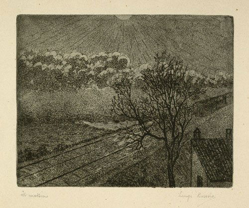 Russolo, Luigi: "Il Mattino": "Il Mattino". Radierung mit Aquatinta auf chamoisfarbenem, festem Velin. 20 x 25 cm (Plattenrand); 34 x 48,3 cm (Blattgröße). Russolo war ein enger Freund von Filippo Tommaso Marinetti, de