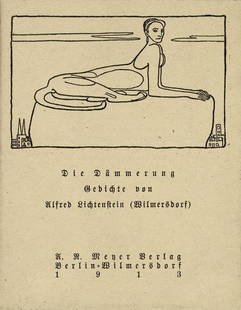 Lichtenstein, Alfred: Die Dämmerung. 1913: Lichtenstein, Alfred. Die Dämmerung. Gedichte. 8 Bl. Mit einer Umschlagzeichnung von Richard Scheibe. OBroschur mit Kordelheftung (minimal angestaubt und blass lichtrandig). Berlin, Alfred Richard Me