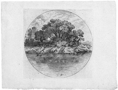 Wals, Goffredo: Baumlandschaft am Wasser: Baumlandschaft am Wasser. Radierung. 13,9 x 13,9 cm. Nagler Bd. XXIII, S. 476; Andresen, Bd. V, S. 139, Nr. 1, Repp (Anke Repp: Goffredo Wals, Zur Landschaftsmalerei zwischen Adam Elsheimer und Claude