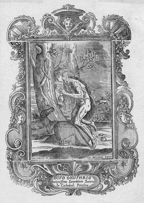 Bellelli, Michele: Der Hl. Onuphrios, der Große: Der Hl. Onuphrios, der Große. Holzschnitt nach Annibale Carracci. 32,8 x 22,4 cm. Wz. Taube auf Dreiberg im Kreis. Ganz ausgezeichneter Druck mit Rand. Geglättete Horizontal- und Vertikalfalte, entl