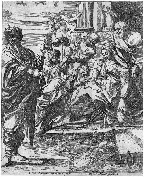 Maratta, Carlo: Die Anbetung der Könige: Die Anbetung der Könige. Radierung. 22,5 x 18,2 cm. B. (Annibale Carracci, Irrt. Zuschreibungen) 1, TIB (Maratta, Commentary) .015 S2. Nach Bartschs Zurückweisung der Autorschaft Annibale Carraccis