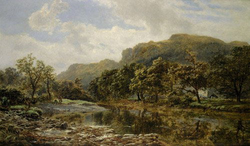 Gallon, Robert: Flußlandschaft mit Anglern: Weite Flußlandschaft mit Anglern (Am Conway in Nord-Wales?). Öl auf Leinwand. 61,5 x 102,5 cm. Unten links signiert und datiert "R. Gallon 1877".