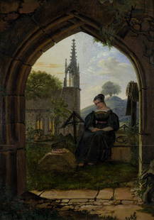 Grimm, Ludwig Emil: Trauerndes Mädchen auf einem: Trauerndes Mädchen auf einem Friedhof. Öl auf Papier, auf Pappe aufgezogen. 31,9 x 21,6 cm. (1833). Koszinowski/Leuschner (Ingrid Koszinowski/Vera Leuschner: Ludwig Emil Grimm, Zeichnungen und Gemä