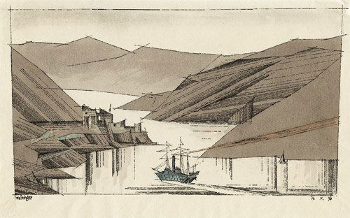 Feininger, Lyonel: Norwegischer Fjord: Norwegischer Fjord. Aquarell und Feder auf Bütten. 24,4 x 42,3 cm (Darstellung); 47,3 x 31,2 cm (Blattgröße). Signiert und datiert. (19)36. Wz Hahn (?) mit Wappen im Kreis. Feininger hat sich zeitl