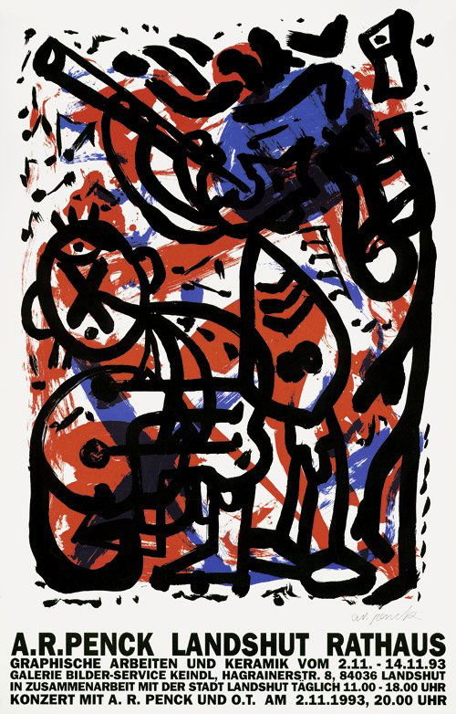 Plakate: Penck, A. R.: Ausstellungsplakat. Farblithographie. 111 x 71 cm. Mit Bleistift unten rechts signiert. 1993. Plakat anläßlich der Ausstellung graphischer und keramischer Arbeiten des Künstlers in Landshut, 1993.