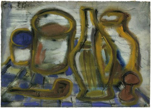 Schmidt-Kirstein, Helmut: Stilleben mit Pfeife: Stilleben mit Pfeife. Mischtechnik auf PM Fabriano-Bütten. 34,9 x 49,8 cm. Zweifach links oben mit schwarzem Stift signiert. Gemeinsam mit Edmund Kesting, Hermann Glöckner u.a. gründete Helmut Schm