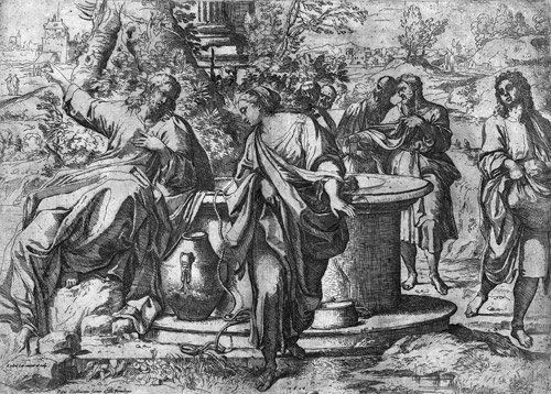 Brizio, Francesco: Christus und die Samariterin: Christus und die Samariterin. Kupferstich nach Annibale Carracci. 28,9 x 40,2 cm. 1610. B. (Annibale Carracci) 7, TIB (Annibale Carracci) .031; B. (Guido Reni) 52, TIB (Guido Reni, Rejected works) .00