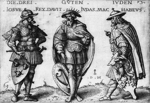 Hopfer, Daniel: Die drei guten Juden: Die drei guten Juden. Eisenradierung nach Hans Burgkmaier. 15,2 x 22,2 cm. Um 1530. B. 54, Hollstein 62 II. Prachtvoller, tiefschwarzer und gegensatzreicher Druck mit kräftigem Ton in den Randbereich