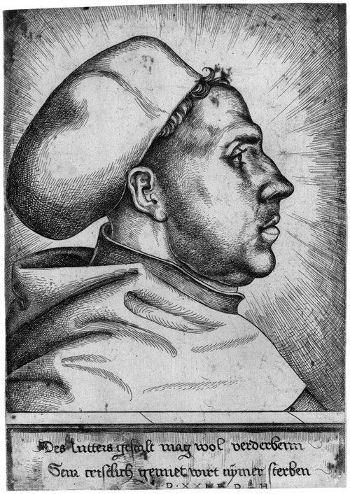 Hopfer, Daniel: Bildnis Martin Luther: Martin Luther. Eisenradierung nach Lucas Cranach. 23,1 x 15,6 cm. 1523. B. 86, Hollstein 96 I (von II). Vor Tilgung der Signatur und des Datums. Prachtvoller, kräftiger Druck mit den Rostflecken, an