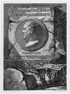 Piranesi, Francesco: Bildnis des Giovanni Battist: Bildnis des Giovanni Battista Piranesi als Relief in Medaillonform. Radierung, nach der Zeichnung von Giuseppe Cades. 84 x 62,5 cm. 1779. Nicht bei Le Blanc, Wilton-Ely, S. 327. Vom Sohn Francesco ein