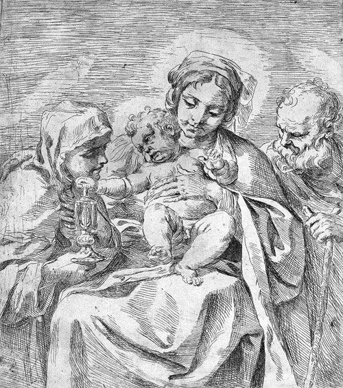 Reni, Guido: Madonna mit Kind und den hll. Klara: Madonna mit Kind und den hll. Klara und Joseph. Radierung nach Annibale Carracci. 21,5 x 18,8 cm. B. (Annibale Carracci) 10, TIB (Annibale Carracci, Rejected Attributions) .034xx, B. (Guido Reni) 50,