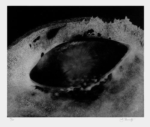 Muche, Georg: Mitternachtsee - ohne Mondschein: Mitternachtsee - ohne Mondschein. "Variographie" auf Glossypapier. 29,2 cm x 35,8 cm (Darstellung); 42 x 48 cm (Blattgrösse). Signiert. Auflage 100 Ex. (1965). Schiller 49/L. Beigegeben: di