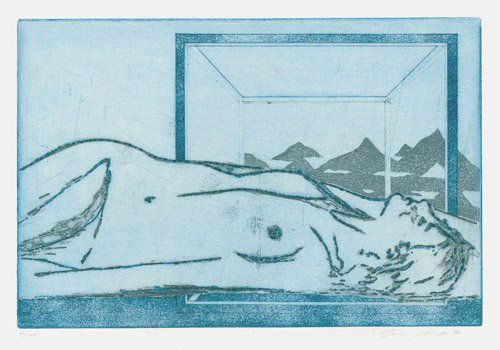 Berges, Werner: Weiblicher Akt: Liegender weiblicher Akt. Farbradierung mit Aquatinta auf festem Velin. 19,8 x 30 cm (Plattenrand); 37,9 x 54 cm (Blattgrösse). Signiert und datiert. Auflage 100 num. Ex. (19)75. Prachtvoller Druck m