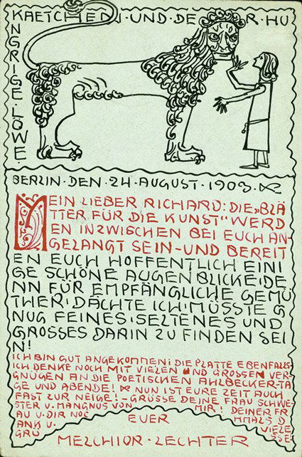 Lechter, Melchior: Postkarte mit Federzeich: Lechter, Melchior, Maler, Graphiker, Schrift- und Buchkünstler, als Mitglied des George-Kreises prägte er dessen Veröffentlichungen (1865-1937). Eigh. Postkarte m. U. "Melchior Lechter" und Orig.-F