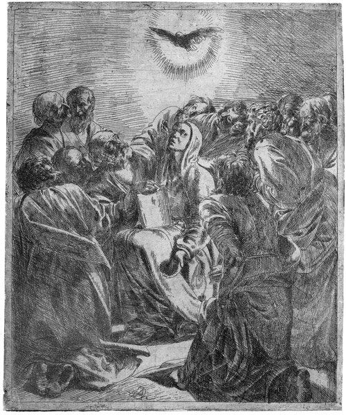 Caraciolo, Giovanni: Das Pfingstwunder: Das Pfingstwunder. Radierung. 20,2 x 16,7 cm. B. (Galestruzzi) 1; Brulliot I, 198; Nagler, Die Monogrammisten I, 1668 (Galestruzzi oder Annibale Carracci); Causa G 68. Wz. Vogel auf Dreiberg im Kreis