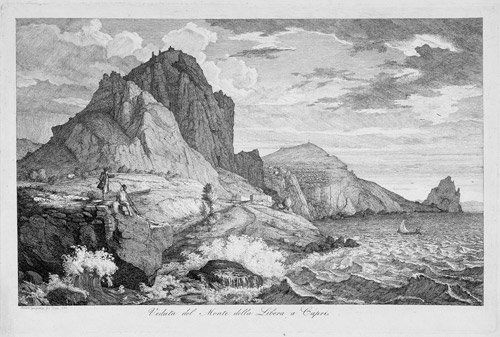 Grospietsch, Florian: Veduta del Monte della Libe: Veduta del Monte della Libera a Capri. Radierung aus den "Italienischen Ansichten". 30,7 x 46,3 cm. 1824. Heller-Andresen, aus 3. Der Landschaftsmaler und Graphiker Florian Grospietsch hielt