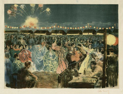 Lunois, Alexandre: Fete de nuit sur les bords du: Fete de nuit sur les bords du Guadalquivir. Lithotint in Rot, Blau, Gelb und Grün auf Similijapan. 28,8 x 39 cm. Signiert. (1889). Prachtvoller und leuchtend farbfrischer Druck mit dem Randeinfall ei
