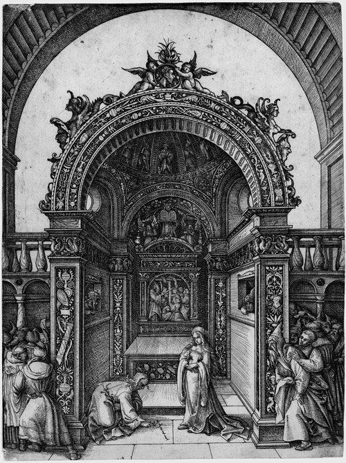 Hopfer, Daniel: Blick in das Innere der Katharine: Blick in das Innere der Katharinenkirche in Augsburg mit der Parabel vom Scherflein der Witwe. Eisenradierung. 28,4 x 19,5 cm. B. 27 II, Hollstein 31 II. Ausgezeichneter Druck mit Rändchen. Etwas sto