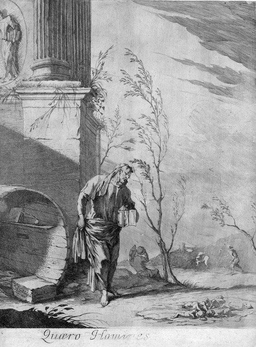 Schönfeld, Johann Heinrich: nach. Diogenes: nach. Diogenes. Radierung von Gabriel Ehinger. 41,9 x 31,2 cm. Pée NS 26. Wz. Kronenwappen. Ausgezeichneter Druck mit leichten Erhaltungsmängeln, im Ganzen gleichwohl gutes Exemplar. Beigegeben eine