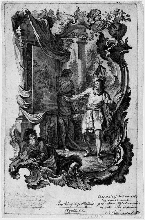 Thelot, Johann Gottlieb: Der künstliche Maler Ape: Der künstliche Maler Apelles. Radierung, nach Johann Esaias Nilson. 33,5 x 21 cm. Schuster (nach Nilson) 450. Wz. Buchstabe M. Ganz ausgezeichneter, kräftiger Probedruck mit dem wohl von Nilson selb