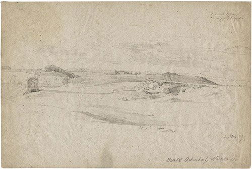 Achenbach, Oswald: Südliche Landschaft: Südliche Landschaft. Bleistift auf Bütten. 29,5 x 44,5 cm. Datiert "den 1 Octb (18)59" und mit eigenh. Farbangaben sowie rechts unten bezeichnet "Oswald Achenbach Nachlass".